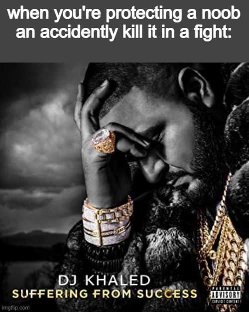 dj khaled suffering from success meme | when you're protecting a noob an accidently kill it in a fight: | image tagged in dj khaled suffering from success meme | made w/ Imgflip meme maker