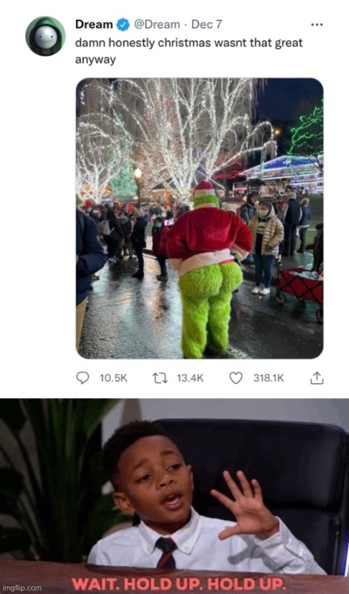 What is that Grinch doing? | image tagged in dream,tweets,grinch,funny,memes | made w/ Imgflip meme maker
