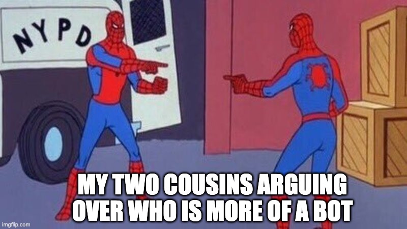 Bot Bot Bot | MY TWO COUSINS ARGUING OVER WHO IS MORE OF A BOT | image tagged in spiderman pointing at spiderman | made w/ Imgflip meme maker