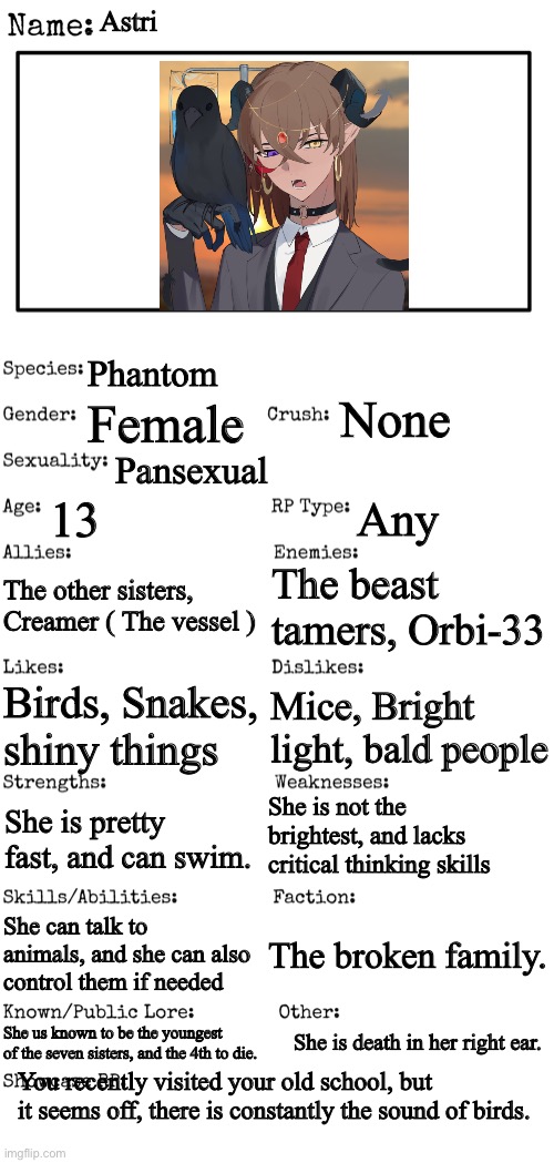No OP or joke OC’s | Astri; Phantom; None; Female; Pansexual; 13; Any; The other sisters, Creamer ( The vessel ); The beast tamers, Orbi-33; Birds, Snakes, shiny things; Mice, Bright light, bald people; She is not the brightest, and lacks critical thinking skills; She is pretty fast, and can swim. She can talk to animals, and she can also control them if needed; The broken family. She is death in her right ear. She us known to be the youngest of the seven sisters, and the 4th to die. You recently visited your old school, but it seems off, there is constantly the sound of birds. | image tagged in new oc showcase for rp stream | made w/ Imgflip meme maker