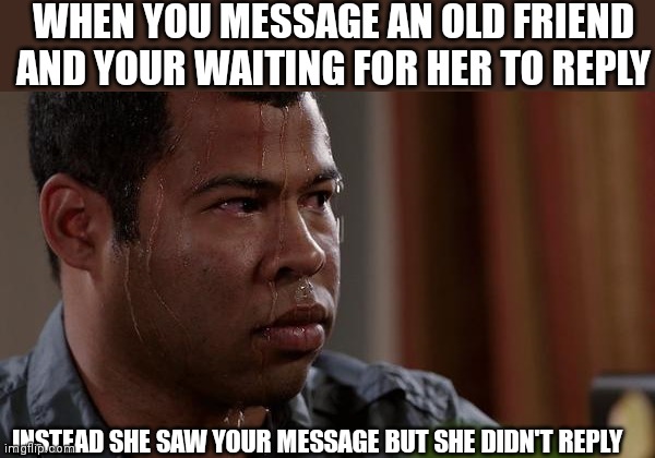 Im sweating because i think she dosen't know me anymore | WHEN YOU MESSAGE AN OLD FRIEND AND YOUR WAITING FOR HER TO REPLY; INSTEAD SHE SAW YOUR MESSAGE BUT SHE DIDN'T REPLY | image tagged in sweating bullets,memes,reply,old,friend,message | made w/ Imgflip meme maker