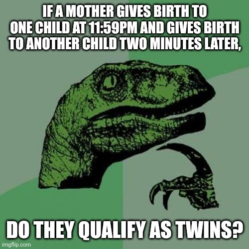 Philosophy |  IF A MOTHER GIVES BIRTH TO ONE CHILD AT 11:59PM AND GIVES BIRTH TO ANOTHER CHILD TWO MINUTES LATER, DO THEY QUALIFY AS TWINS? | image tagged in memes,philosoraptor,time,confusion | made w/ Imgflip meme maker