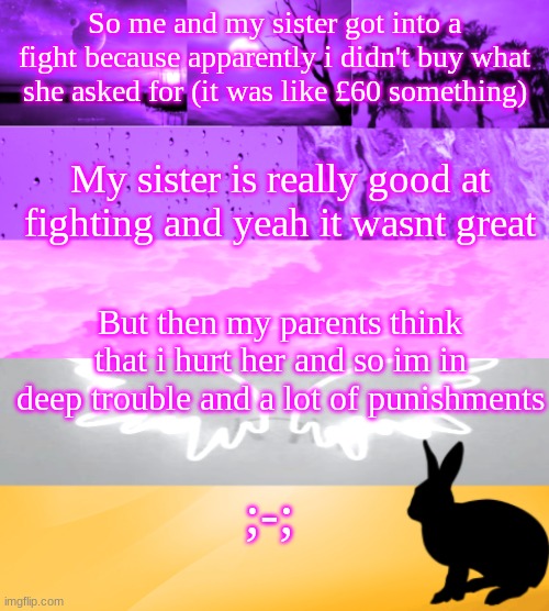 So me and my sister got into a fight because apparently i didn't buy what she asked for (it was like £60 something); My sister is really good at fighting and yeah it wasnt great; But then my parents think that i hurt her and so im in deep trouble and a lot of punishments; ;-; | made w/ Imgflip meme maker