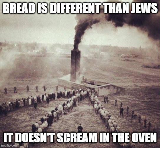 Unleavened | BREAD IS DIFFERENT THAN JEWS; IT DOESN'T SCREAM IN THE OVEN | image tagged in holocaust | made w/ Imgflip meme maker
