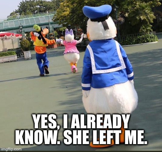 Goofy, Donald Duck, Daisy Duck | YES, I ALREADY KNOW. SHE LEFT ME. | image tagged in goofy donald duck daisy duck | made w/ Imgflip meme maker