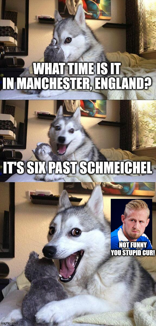 Manchester City - Leicester 6-3 | WHAT TIME IS IT IN MANCHESTER, ENGLAND? IT'S SIX PAST SCHMEICHEL; NOT FUNNY YOU STUPID CUR! | image tagged in memes,bad pun dog,manchester city,leicester city,kasper schmeichel | made w/ Imgflip meme maker