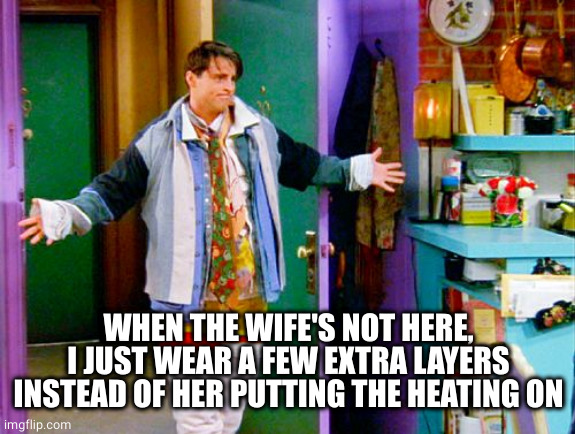 Joey wearing Chandler's clothes | WHEN THE WIFE'S NOT HERE, I JUST WEAR A FEW EXTRA LAYERS INSTEAD OF HER PUTTING THE HEATING ON | image tagged in joey wearing chandler's clothes | made w/ Imgflip meme maker