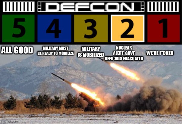 Defcon in a nutshell | NUCLEAR ALERT: GOVT OFFICIALS EVACUATED; MILITARY MUST BE READY TO MOBILIZE; ALL GOOD; MILITARY IS MOBILIZED; WE’RE F*CKED | image tagged in defcon 2 | made w/ Imgflip meme maker