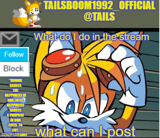 TailsBOOM1992_official tails template | What do I do in the stream; what can I post | image tagged in tailsboom1992_official tails template | made w/ Imgflip meme maker