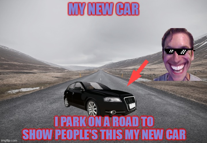 Car Style like a human | MY NEW CAR; I PARK ON A ROAD TO SHOW PEOPLE'S THIS MY NEW CAR | image tagged in community,new car,car memes,funny car memes | made w/ Imgflip meme maker