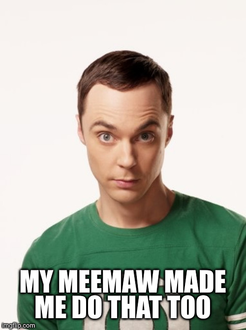 Sheldon Cooper | MY MEEMAW MADE ME DO THAT TOO | image tagged in sheldon cooper | made w/ Imgflip meme maker