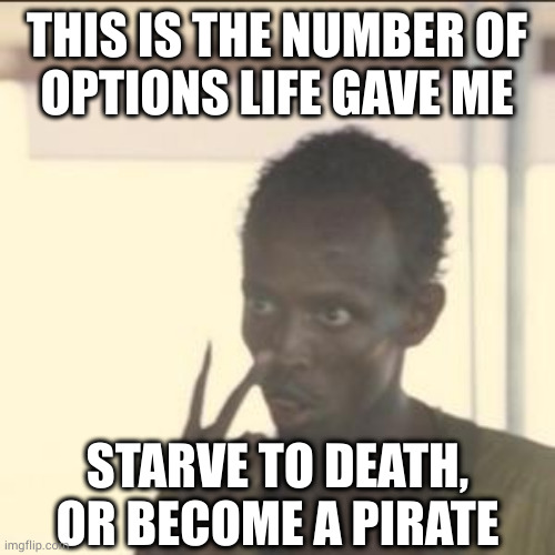 I mean, given those options I'd have made the same choice | THIS IS THE NUMBER OF
OPTIONS LIFE GAVE ME; STARVE TO DEATH, OR BECOME A PIRATE | image tagged in memes,look at me | made w/ Imgflip meme maker