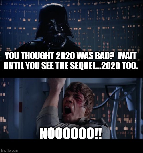 2020 Too | YOU THOUGHT 2020 WAS BAD?  WAIT UNTIL YOU SEE THE SEQUEL...2020 TOO. NOOOOOO!! | image tagged in memes,star wars no | made w/ Imgflip meme maker