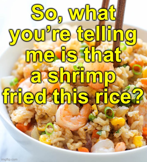 Shrimp Fried Rice | So, what you’re telling me is that a shrimp fried this rice? | image tagged in funny memes,dad jokes,eyeroll | made w/ Imgflip meme maker