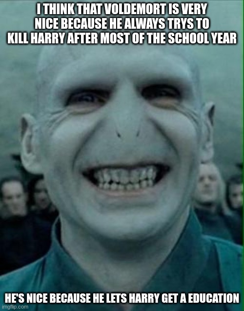 Voldemort Grin |  I THINK THAT VOLDEMORT IS VERY NICE BECAUSE HE ALWAYS TRYS TO KILL HARRY AFTER MOST OF THE SCHOOL YEAR; HE'S NICE BECAUSE HE LETS HARRY GET A EDUCATION | image tagged in voldemort grin,harry potter,voldemort | made w/ Imgflip meme maker