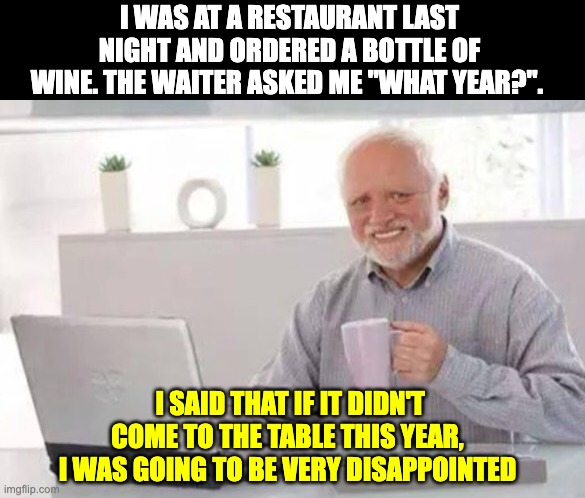 Vintage Dad Joke | I WAS AT A RESTAURANT LAST NIGHT AND ORDERED A BOTTLE OF WINE. THE WAITER ASKED ME "WHAT YEAR?". I SAID THAT IF IT DIDN'T COME TO THE TABLE THIS YEAR, I WAS GOING TO BE VERY DISAPPOINTED | image tagged in harold | made w/ Imgflip meme maker