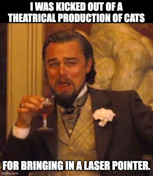 Cats | I WAS KICKED OUT OF A THEATRICAL PRODUCTION OF CATS; FOR BRINGING IN A LASER POINTER. | image tagged in memes,laughing leo | made w/ Imgflip meme maker
