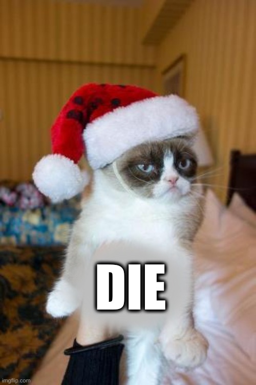 Grumpy Cat Christmas |  DIE | image tagged in grumpy cat christmas,grumpy cat,die,death,grim reaper,holidays | made w/ Imgflip meme maker