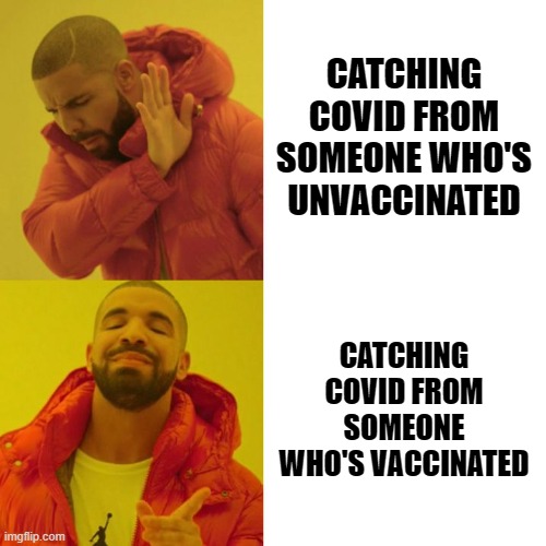 Makes no sense | CATCHING COVID FROM SOMEONE WHO'S UNVACCINATED; CATCHING COVID FROM SOMEONE WHO'S VACCINATED | image tagged in drake blank,covid-19,vaccine | made w/ Imgflip meme maker