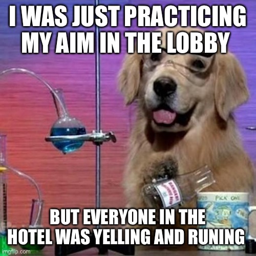 I Have No Idea What I Am Doing Dog | I WAS JUST PRACTICING MY AIM IN THE LOBBY; BUT EVERYONE IN THE HOTEL WAS YELLING AND RUNING | image tagged in memes,i have no idea what i am doing dog | made w/ Imgflip meme maker