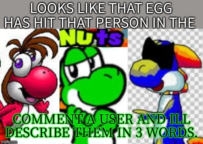 Looks Like That Egg Has Hit That Person In The Nuts | COMMENT A USER AND ILL DESCRIBE THEM IN 3 WORDS. | image tagged in looks like that egg has hit that person in the nuts | made w/ Imgflip meme maker