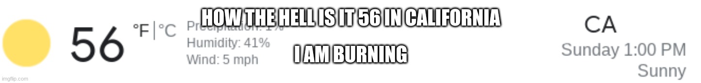 what | HOW THE HELL IS IT 56 IN CALIFORNIA; I AM BURNING | image tagged in sewd4erg6yref | made w/ Imgflip meme maker