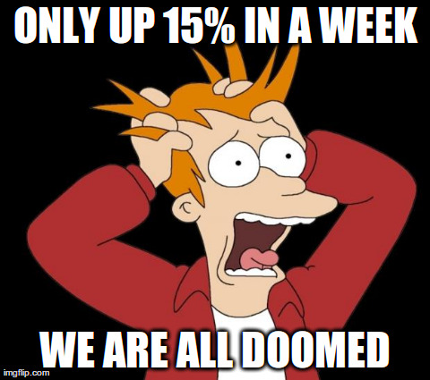 ONLY UP 15% IN A WEEK WE ARE ALL DOOMED | image tagged in panic | made w/ Imgflip meme maker