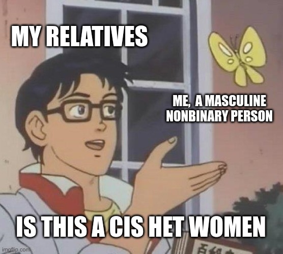 It's true, I ain't lying |  MY RELATIVES; ME,  A MASCULINE NONBINARY PERSON; IS THIS A CIS HET WOMEN | image tagged in memes,is this a pigeon,lgbtq | made w/ Imgflip meme maker