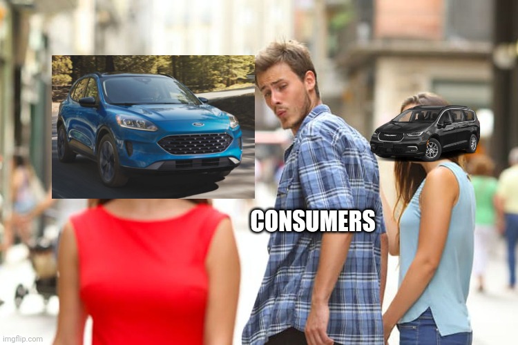 Consumers listing over a Ford Escape. | CONSUMERS | image tagged in memes,distracted boyfriend,hatefordescape | made w/ Imgflip meme maker