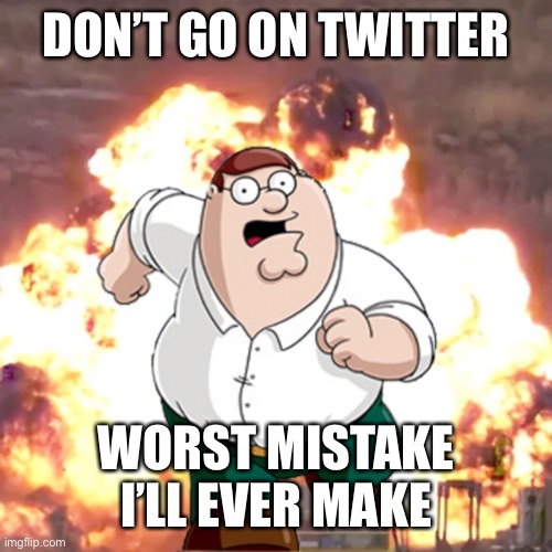 Twitter ruined my day | DON’T GO ON TWITTER; WORST MISTAKE I’LL EVER MAKE | image tagged in peter g telling you not to do something | made w/ Imgflip meme maker