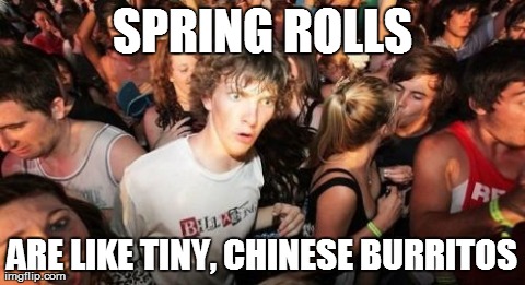 Sudden Clarity Clarence Meme | SPRING ROLLS ARE LIKE TINY, CHINESE BURRITOS | image tagged in memes,sudden clarity clarence | made w/ Imgflip meme maker