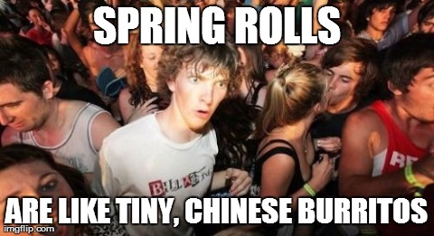 Sudden Clarity Clarence | SPRING ROLLS ARE LIKE TINY, CHINESE BURRITOS | image tagged in memes,sudden clarity clarence | made w/ Imgflip meme maker