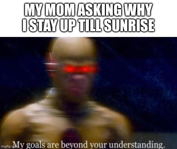 Lolz | MY MOM ASKING WHY I STAY UP TILL SUNRISE | image tagged in my goals are beyond your understanding | made w/ Imgflip meme maker