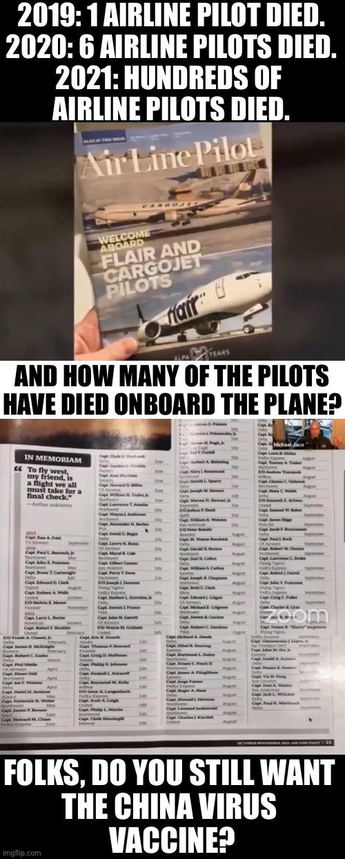 Folks, do you still want the China Virus vaccine? (Images courtesy of Michael Jaco.) | 2019: 1 AIRLINE PILOT DIED.
2020: 6 AIRLINE PILOTS DIED.
2021: HUNDREDS OF 
AIRLINE PILOTS DIED. AND HOW MANY OF THE PILOTS HAVE DIED ONBOARD THE PLANE? FOLKS, DO YOU STILL WANT 
THE CHINA VIRUS 
VACCINE? | image tagged in china virus,made in china,vaccines,vaccine,democrat party,dangerous | made w/ Imgflip meme maker