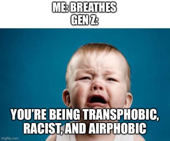Not clickbait! Gone sexual! |  ME: BREATHES
GEN Z:; YOU’RE BEING TRANSPHOBIC, RACIST, AND AIRPHOBIC | image tagged in baby crying | made w/ Imgflip meme maker