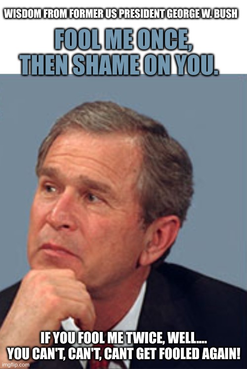 PROPAGANDA FOR ACTIVISTS | WISDOM FROM FORMER US PRESIDENT GEORGE W. BUSH; FOOL ME ONCE, THEN SHAME ON YOU. IF YOU FOOL ME TWICE, WELL.... YOU CAN'T, CAN'T, CANT GET FOOLED AGAIN! | image tagged in george w bush | made w/ Imgflip meme maker