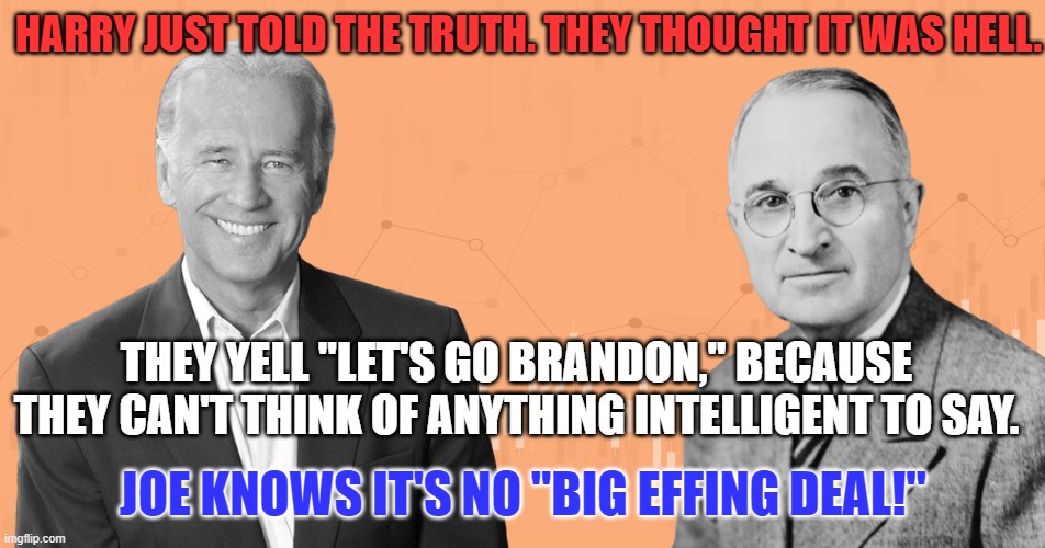 Learning to laugh at yourself is liberating. | HARRY JUST TOLD THE TRUTH. THEY THOUGHT IT WAS HELL. THEY YELL "LET'S GO BRANDON," BECAUSE THEY CAN'T THINK OF ANYTHING INTELLIGENT TO SAY. JOE KNOWS IT'S NO "BIG EFFING DEAL!" | image tagged in politics | made w/ Imgflip meme maker