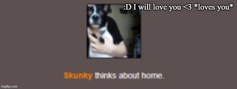 Skunky thinks about home | :D I will love you <3 *loves you* | image tagged in skunky thinks about home | made w/ Imgflip meme maker