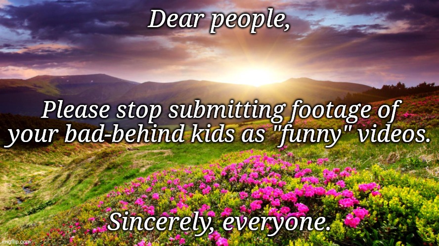 Field of Flowers | Dear people, Please stop submitting footage of your bad-behind kids as "funny" videos. Sincerely, everyone. | image tagged in field of flowers | made w/ Imgflip meme maker