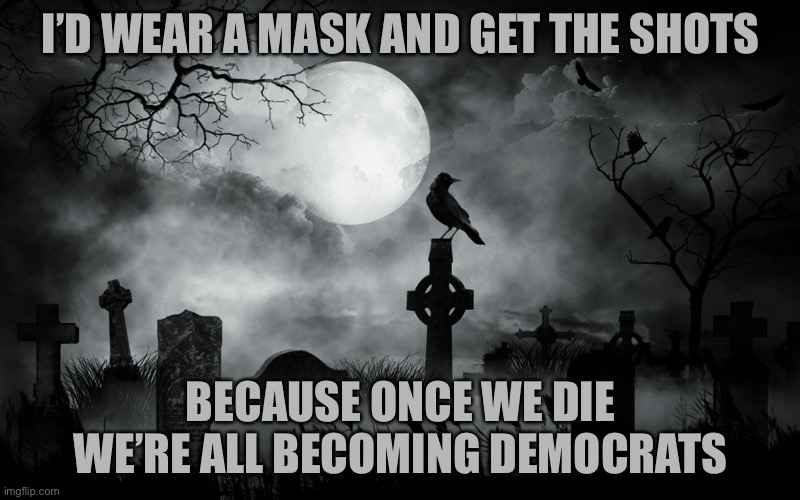 horror cemetary | I’D WEAR A MASK AND GET THE SHOTS; BECAUSE ONCE WE DIE WE’RE ALL BECOMING DEMOCRATS | image tagged in horror cemetary,facts,covid-19,vaccines,funny | made w/ Imgflip meme maker
