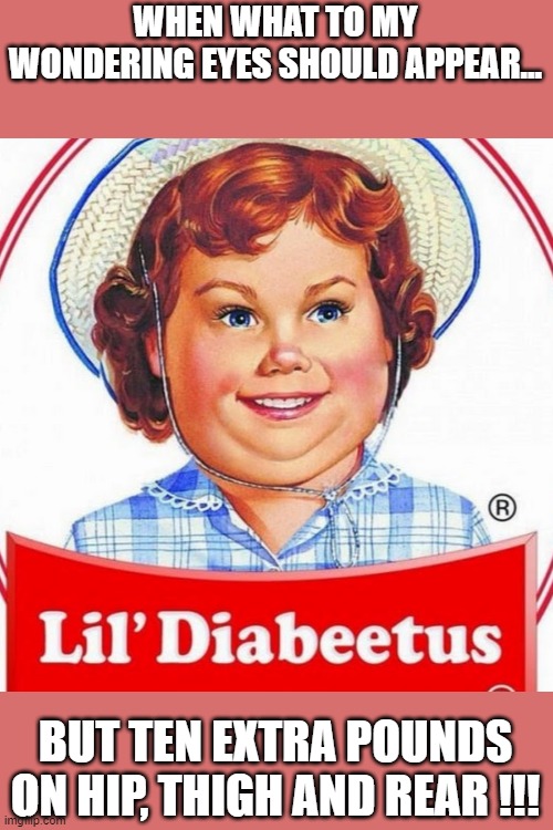 LITTLE DIABETES | WHEN WHAT TO MY WONDERING EYES SHOULD APPEAR... BUT TEN EXTRA POUNDS ON HIP, THIGH AND REAR !!! | image tagged in funny | made w/ Imgflip meme maker