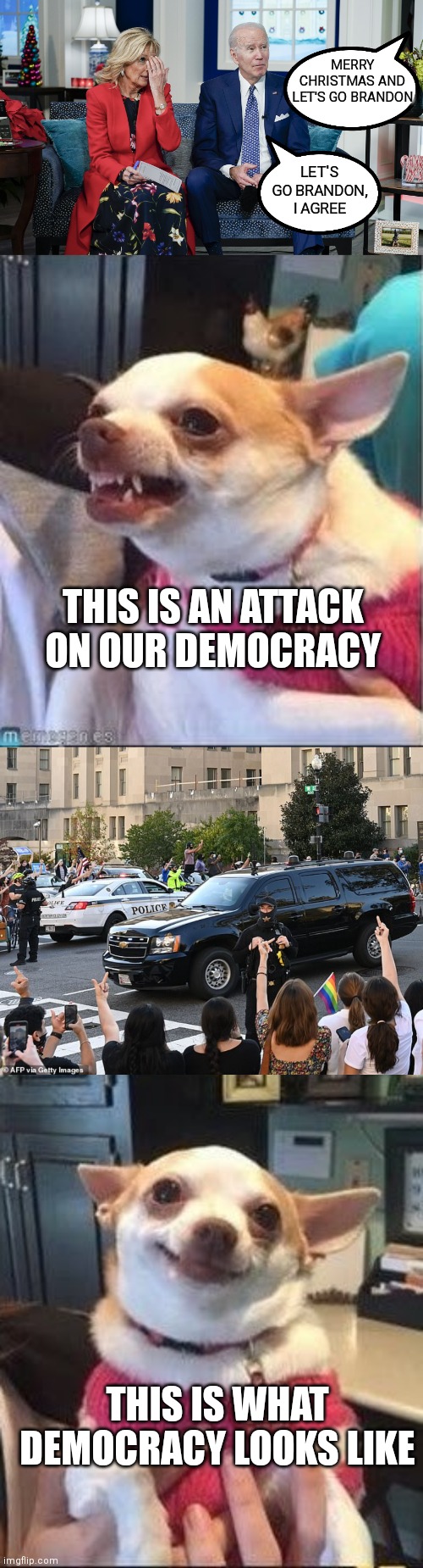 VS | MERRY CHRISTMAS AND LET'S GO BRANDON; LET'S GO BRANDON, I AGREE; THIS IS AN ATTACK ON OUR DEMOCRACY; THIS IS WHAT DEMOCRACY LOOKS LIKE | image tagged in angry happy chihuahua,biden,trump,democrats | made w/ Imgflip meme maker