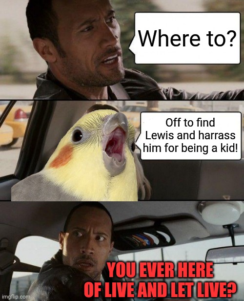 Bullies | Where to? Off to find Lewis and harrass him for being a kid! YOU EVER HERE OF LIVE AND LET LIVE? | image tagged in memes,the rock driving,someone,who picks on lewis | made w/ Imgflip meme maker
