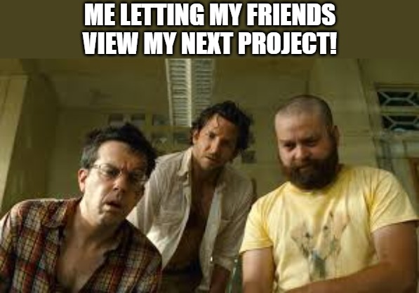 PART 2 | ME LETTING MY FRIENDS 
VIEW MY NEXT PROJECT! | image tagged in meme,hangover | made w/ Imgflip meme maker