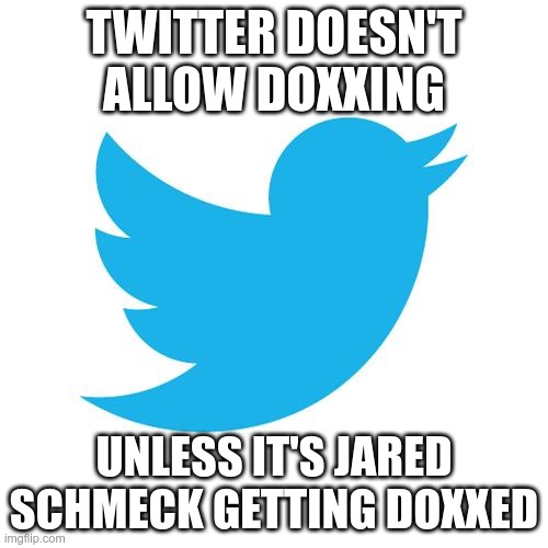 The rules are so flexible! | TWITTER DOESN'T ALLOW DOXXING; UNLESS IT'S JARED SCHMECK GETTING DOXXED | image tagged in twitter birds says | made w/ Imgflip meme maker