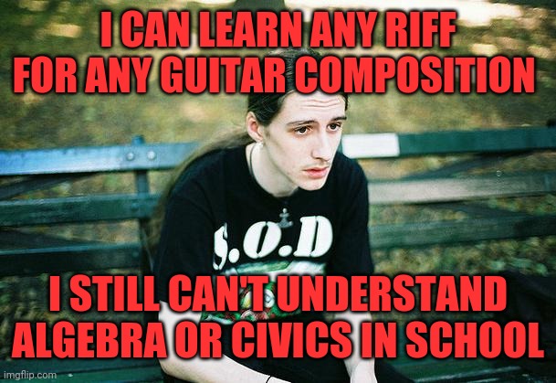 Learning | I CAN LEARN ANY RIFF FOR ANY GUITAR COMPOSITION; I STILL CAN'T UNDERSTAND ALGEBRA OR CIVICS IN SCHOOL | image tagged in first world metal problems,the more you know,learning is half the battle,a mind is a terrible thing to waste,yolo | made w/ Imgflip meme maker