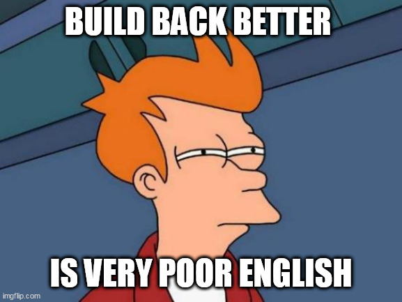 Futurama Fry Meme | BUILD BACK BETTER; IS VERY POOR ENGLISH | image tagged in memes,futurama fry | made w/ Imgflip meme maker