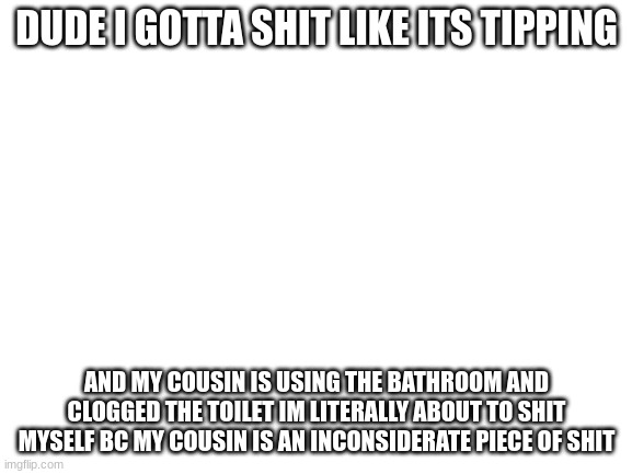 dude i just wanna shit anywhere else but my pants | DUDE I GOTTA SHIT LIKE ITS TIPPING; AND MY COUSIN IS USING THE BATHROOM AND CLOGGED THE TOILET IM LITERALLY ABOUT TO SHIT MYSELF BC MY COUSIN IS AN INCONSIDERATE PIECE OF SHIT | image tagged in blank white template | made w/ Imgflip meme maker