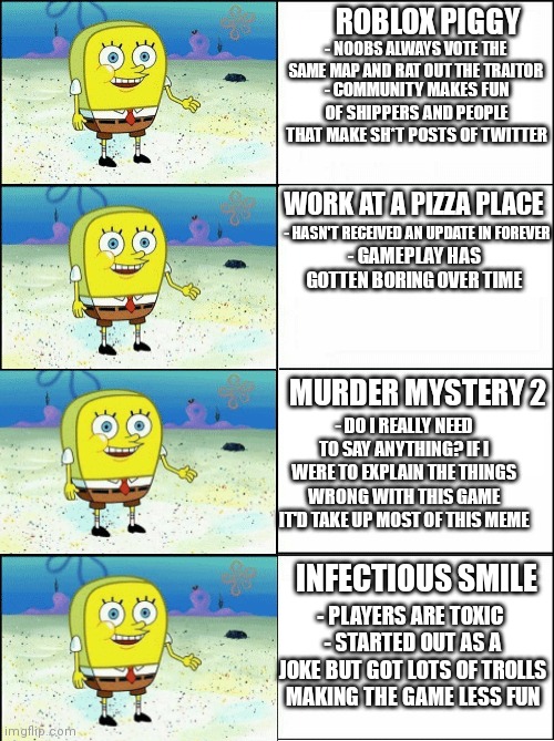 Sponge Finna Commit Muder | ROBLOX PIGGY WORK AT A PIZZA PLACE MURDER MYSTERY 2 INFECTIOUS SMILE - NOOBS ALWAYS VOTE THE SAME MAP AND RAT OUT THE TRAITOR - COMMUNITY MA | image tagged in sponge finna commit muder | made w/ Imgflip meme maker