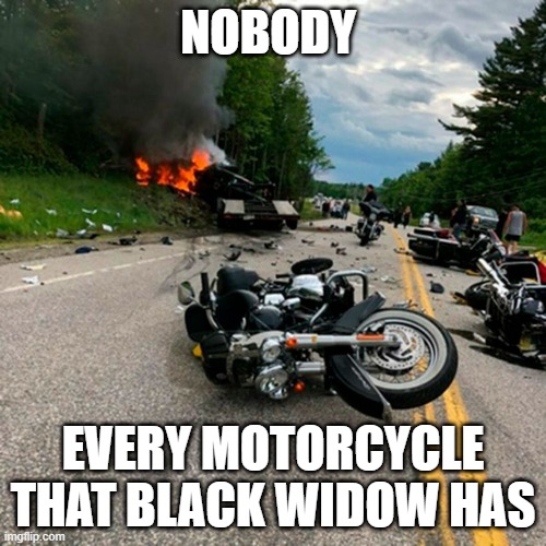 idk have a nice day | NOBODY; EVERY MOTORCYCLE THAT BLACK WIDOW HAS | image tagged in avengers | made w/ Imgflip meme maker